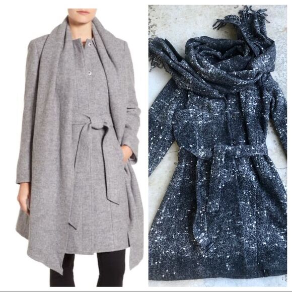 Cole Haan Collection Belted Scarf Coat Wool Gray L - Picture 1 of 8